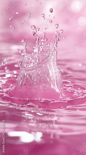 Pink liquid water splash with dynamic ripples and glossy reflections