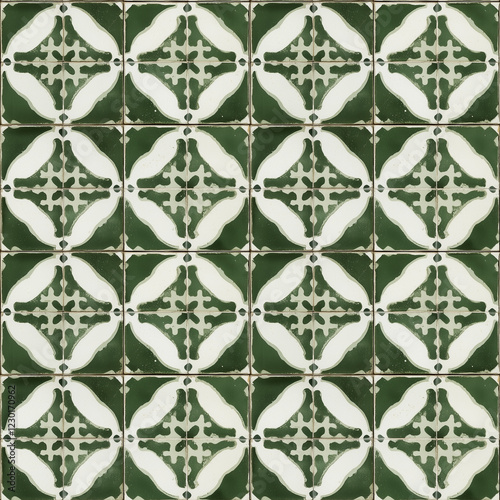 Motif répétitif de carreaux de ciment vintage avec design ornemental vert et blanc, symétrie florale et texture usée