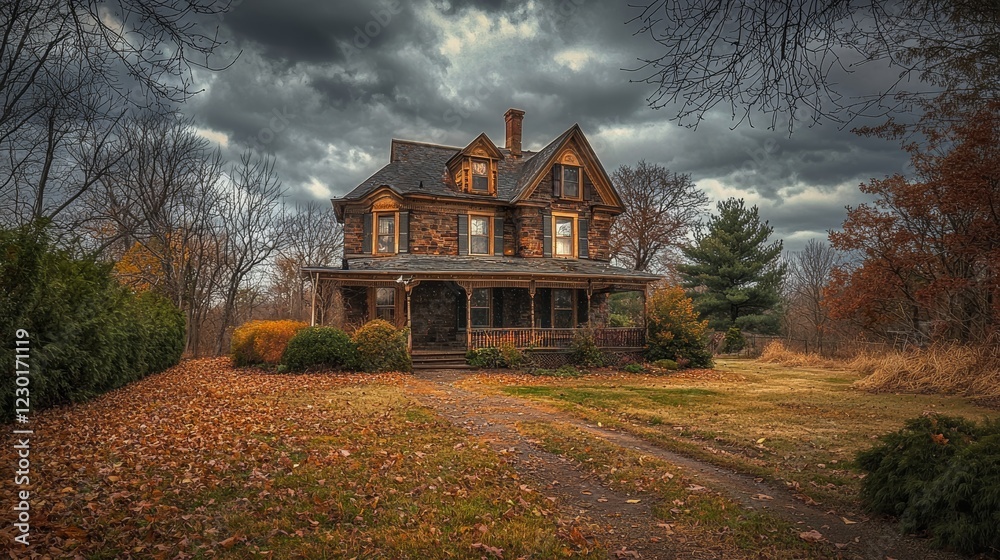 Obraz premium Autumnal Victorian House Under Stormy Skies