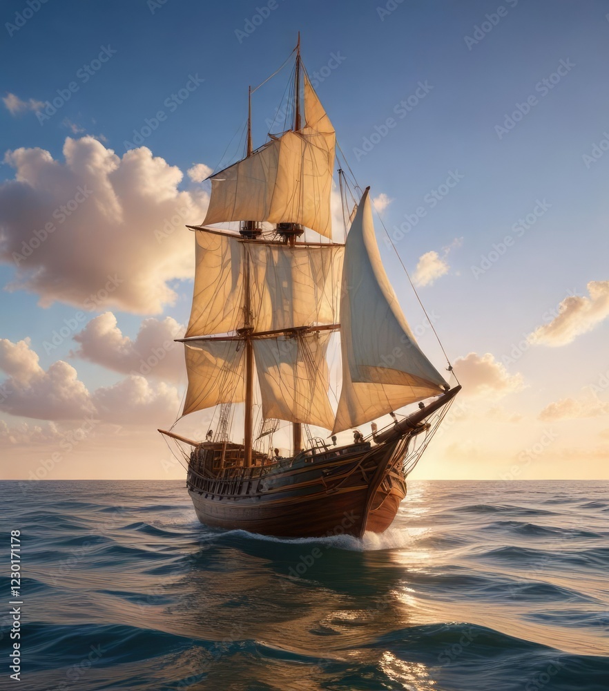 Old sailing boat with a wooden hull and billowy sails on the horizon, serene ocean scene, seafaring, ship Old sailing boat with a wooden hull and billowy sails on the horizon, serene ocean scene, seafaring, ship