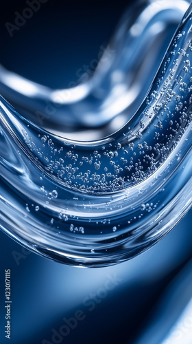 Transparent blue liquid wave with floating bubbles and smooth curves