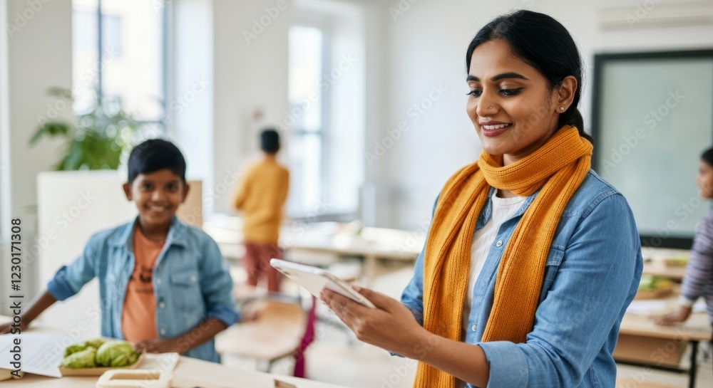 A woman is smiling and holding a tablet in a classroom A woman is smiling and holding a tablet in a classroom