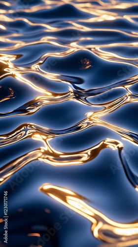 Dark blue liquid metal waves with golden reflections and smooth surface