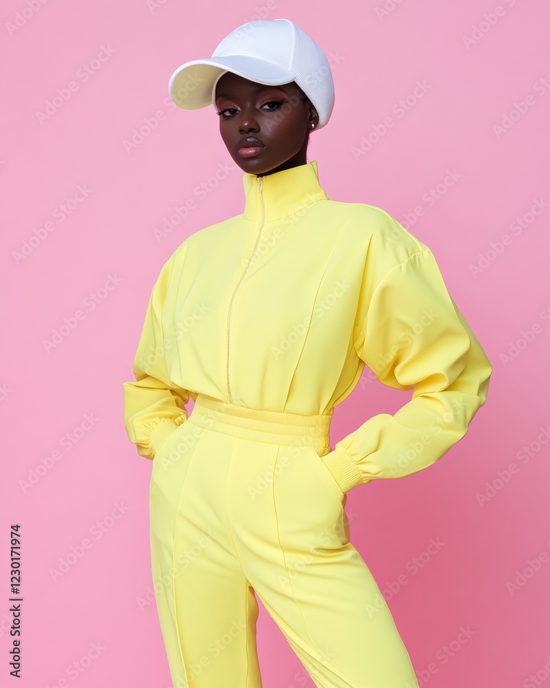 Monochrome Chic Fashion Vibrant Yellow Jumpsuit and White Cap Ensemble on Pale Pink Backdrop - Contemporary Style Content and Digital Fashion Marketing Monochrome Chic Fashion Vibrant Yellow Jumpsuit and White Cap Ensemble on Pale Pink Backdrop - Contemporary Style Content and Digital Fashion Marketing
