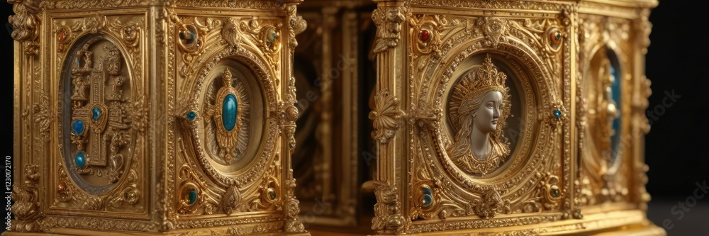 Ornate, gold-plated reliquary containing holy relic, holy objects, golden containers, antique jewelry Ornate, gold-plated reliquary containing holy relic, holy objects, golden containers, antique jewelry