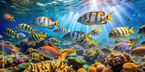 Schools of tropical fish swimming together in the warm waters of a coral reef, reef environment, tropical marine life, colorful fish