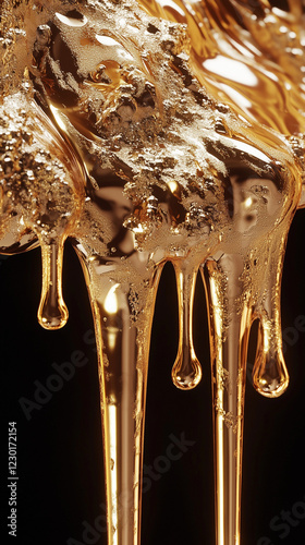 Dripping golden liquid metal with textured surface and glossy highlights