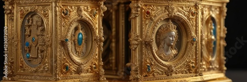 Ornate, gold-plated reliquary containing holy relic, holy objects, golden containers, antique jewelry