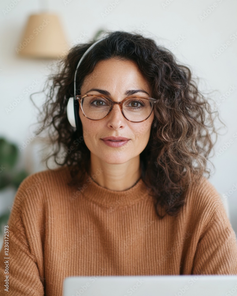 Obraz premium Cozy Home E-Learning Middle-Aged Latina Professional in Textured Knit Engages in Digital Education - Modern Virtual Classroom and Inclusive Online Training Design