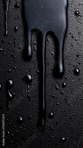 Dripping black liquid metal on textured dark surface with glossy reflections
