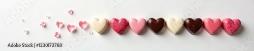 A delicate arrangement of heart-shaped chocolates on a crisp white surface with intricate shadows and subtle highlights, white, chocolate