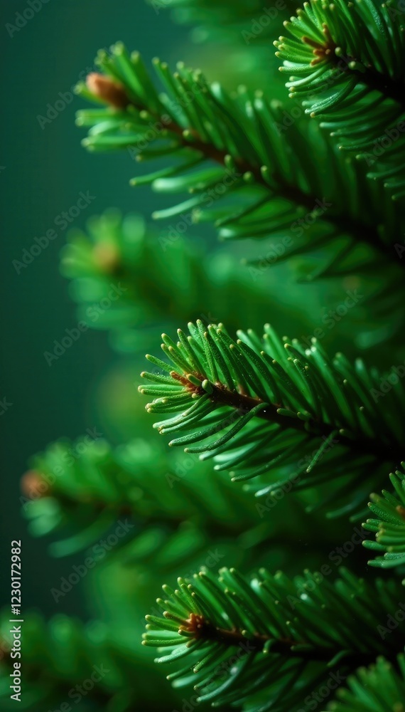 Obraz premium A delicate sprinkle of green glitter dust on the lush green fir Christmas tree's foliage, holiday decor, sparkling