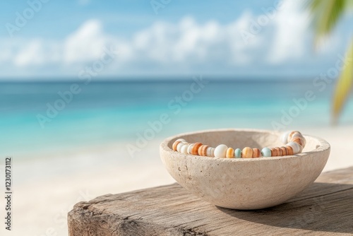 Eco-Chic Jewelry Display Handcrafted Shell Bracelet in Rustic Bowl on Driftwood - Sustainable Fashion Content and Beach Resort Merchandising photo