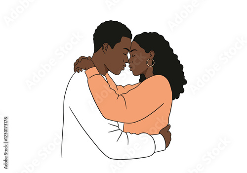 Illustration of a black couple in love, hugging each other, on a white background