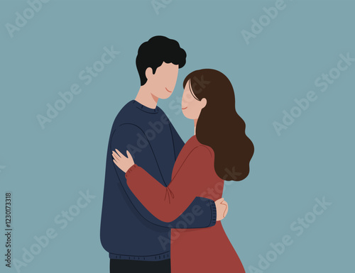 Minimalist illustration of a white couple hugging each other, turquoise background