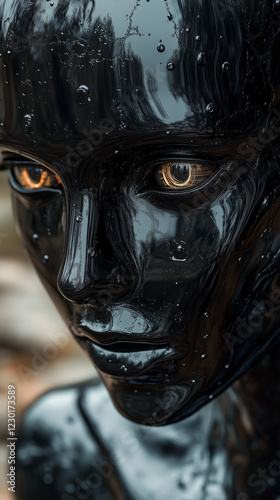  Close-up of glossy black humanoid figure with glowing eyes and wet surface
