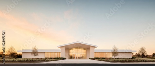 Minimalist Architectural Facade of Modern Health Facility Sustainable Glass and Concrete Design for Innovative Medical Care and Community Well-being photo