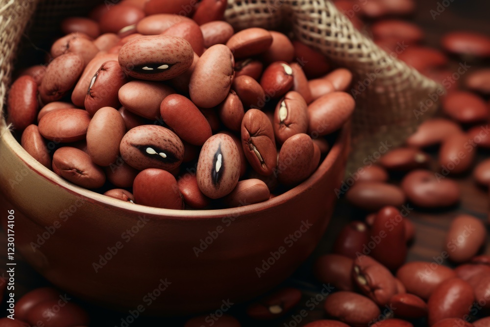Light brown kidney beans spilling from small ceramic bowl and burlap sack onto dark wooden table Light brown kidney beans spilling from small ceramic bowl and burlap sack onto dark wooden table