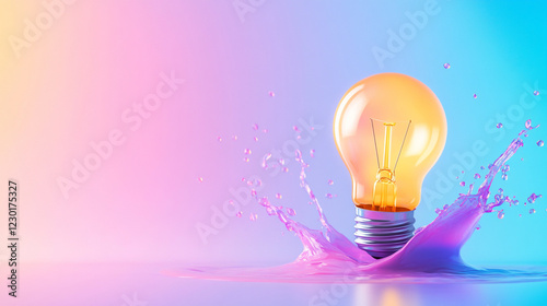A glowing light bulb in a splash of vibrant paint symbolizes innovation and creativity on a colorful background.