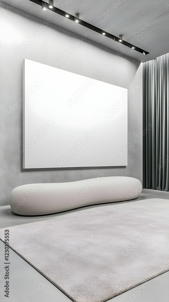 Modern interior, empty canvas, bench, rug Modern interior, empty canvas, bench, rug