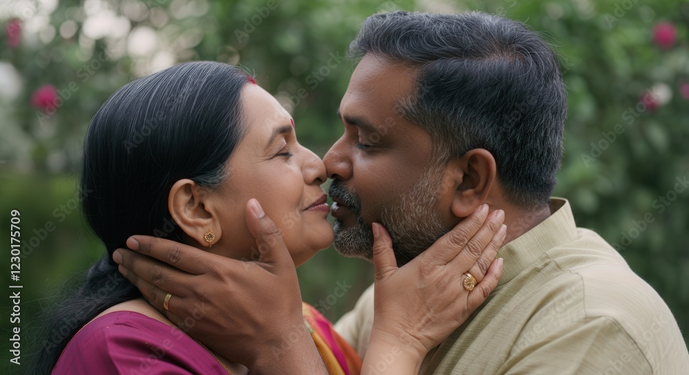 Fototapeta premium Romantic moment between mature south asian couple in garden setting