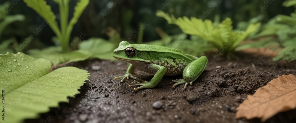 Small Darmera leaf with a Pacific chorus frog hiding from predators, insect world, hidden frog, peaceful scene Small Darmera leaf with a Pacific chorus frog hiding from predators, insect world, hidden frog, peaceful scene
