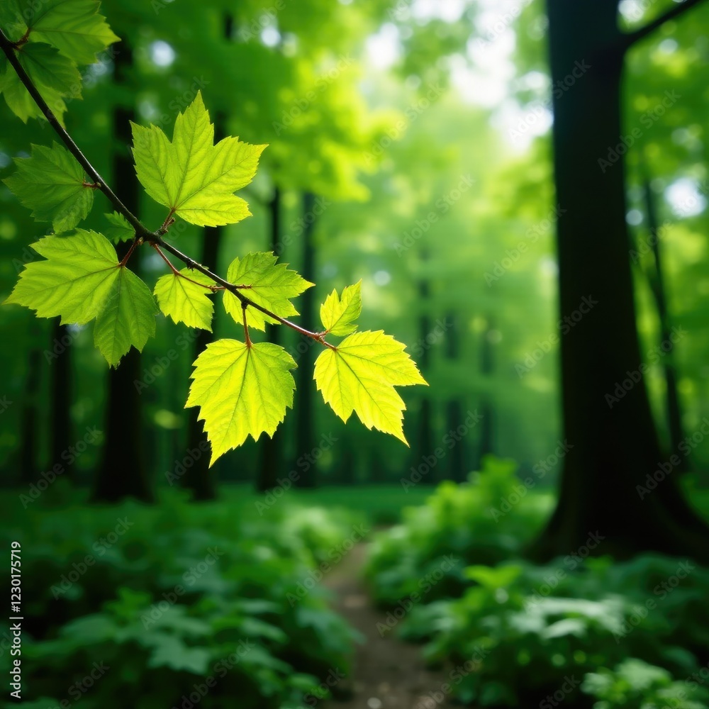Obraz premium Branch of green leaves in the dappled light of a woodland floor, with ferns nearby, tree canopy, ferns, dappled light