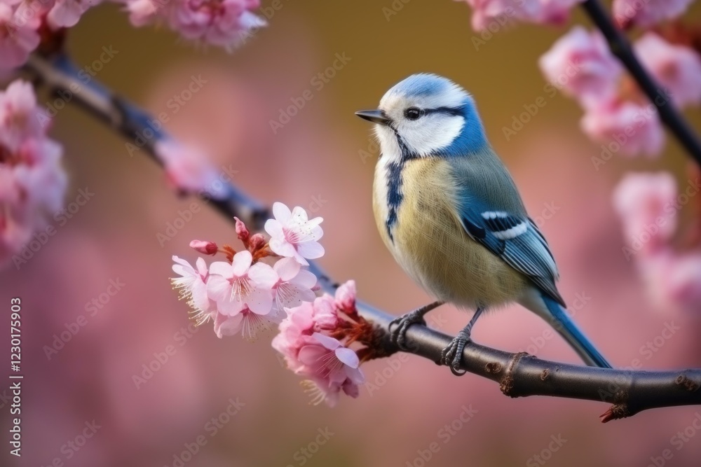 Fototapeta premium Beautiful eurasian blue tit perched on a flowering cherry tree branch, enjoying the vibrant colors of springtime