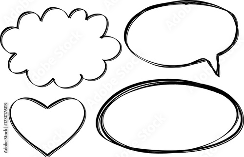 dry thin hairs brush stroke, set of frames: speech bubble, oval, heart, cloud