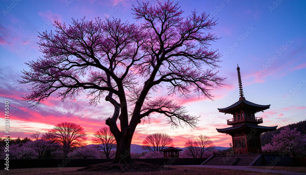 Cherry blossom tree at sunset with pagoda silhouette Cherry blossom tree at sunset with pagoda silhouette