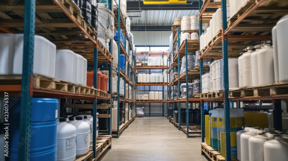 Warehouse Aisle with Stacks of Containers Warehouse Aisle with Stacks of Containers