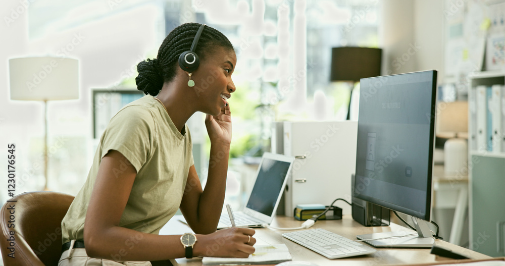 Business woman, call center and computer for communication, customer service or e commerce support. African consultant in telemarketing for virtual advice, helping online and website questions or FAQ Business woman, call center and computer for communication, customer service or e commerce support. African consultant in telemarketing for virtual advice, helping online and website questions or FAQ
