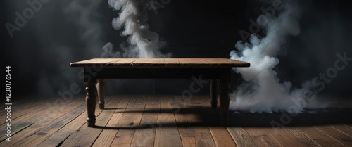 Smoke rising from an old wooden table on a cold and dark floor, desolation, ice, chilliness, smoke, wood