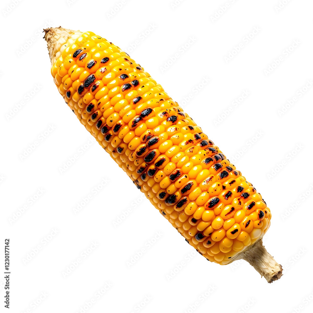 Fototapeta premium Grilled corn on the cob balanced on a silver fork White background vibrant yellow