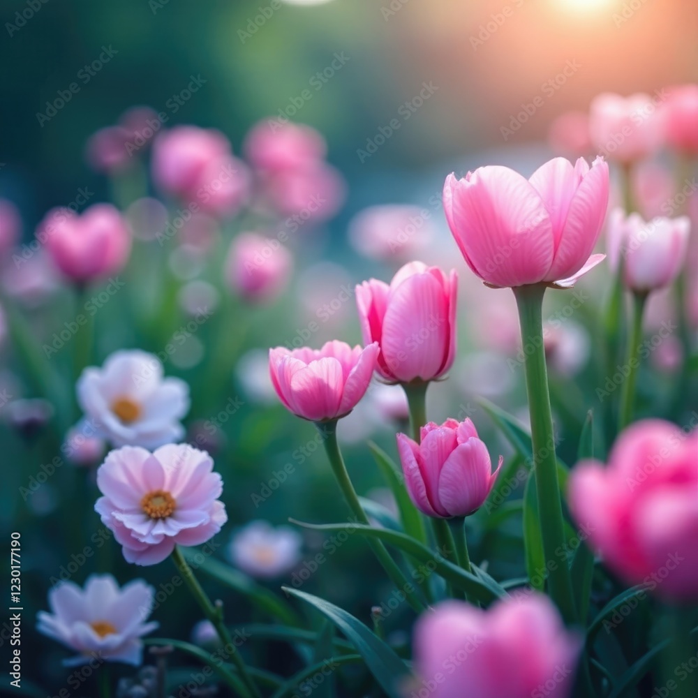 Fototapeta premium Flowers in garden with soft pink and blue hue, garden, pink