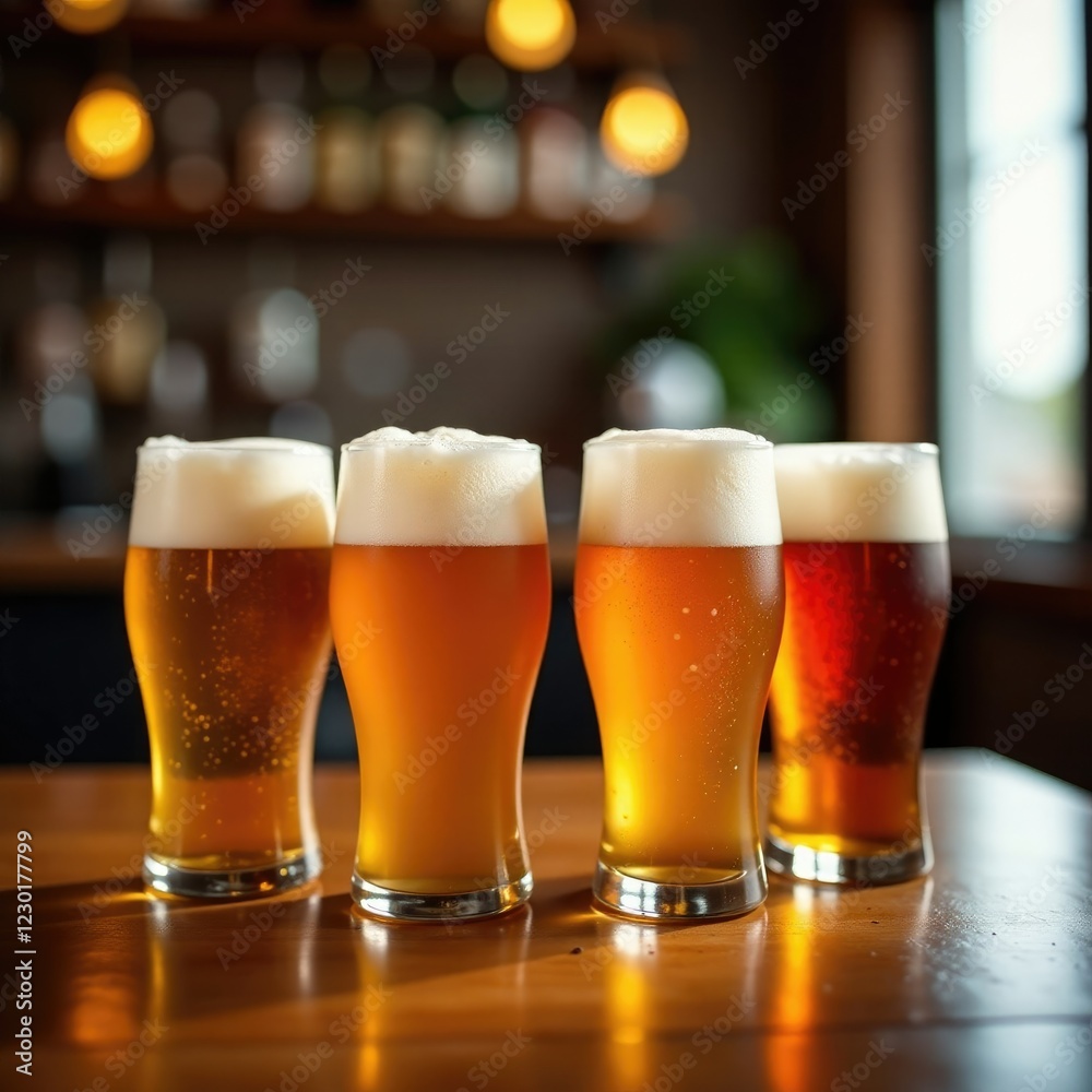 Four glassed of beer on a wooden table with a cold beer in the background, cold beer, beverage, Four glassed of beer on a wooden table with a cold beer in the background, cold beer, beverage,
