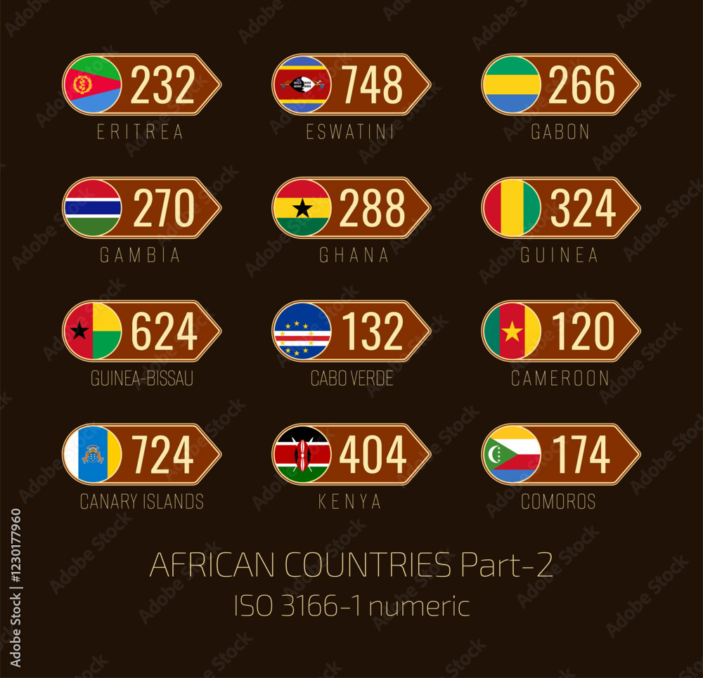 Naklejka premium Set of vector illustrations of ISO 3166 1 numeric and flags of African countries. Part 2 