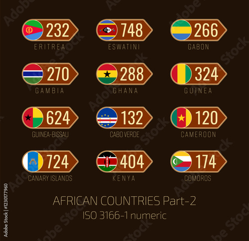 Set of vector illustrations of  ISO 3166 1 numeric and flags of African countries. Part 2

