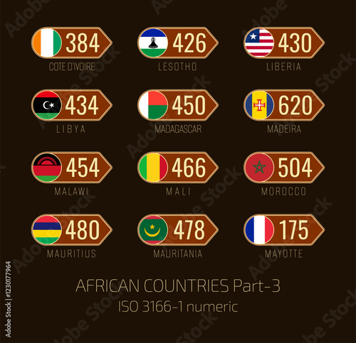 Set of vector illustrations of  ISO 3166 1 numeric and flags of African countries. Part 3.
