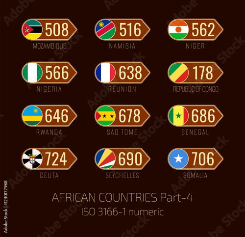 Set of vector illustrations of  ISO 3166 1 numeric and flags of African countries. Part 4.
