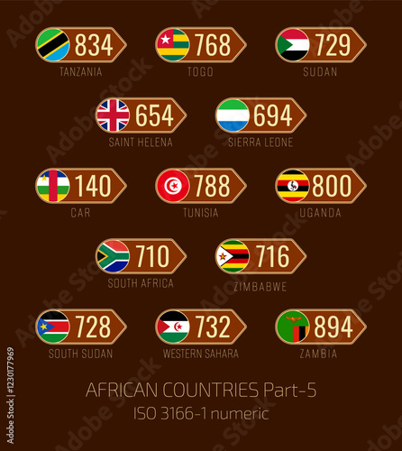Set of vector illustrations of  ISO 3166 1 numeric and flags of African countries. Part 5.
