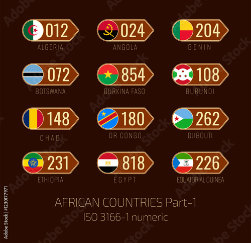 Set of vector illustrations of  ISO 3166 1 numeric and flags of African countries. Part 1.
