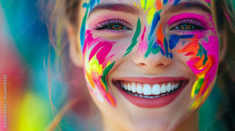 Fototapeta premium Happy smiling woman with colorful holi powder on face is celebrating festival of colors