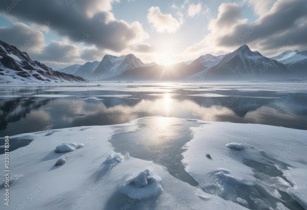 Fototapeta premium Icy surface of a frozen lake under cloudy sky, frozen tundra, winter scenery, icy surface