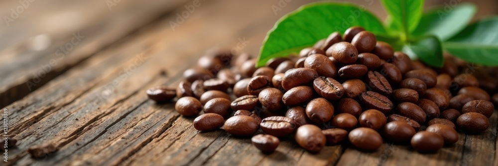 Freshly harvested coffee beans scattered on a wooden table, wooden table, plant leaves, nature