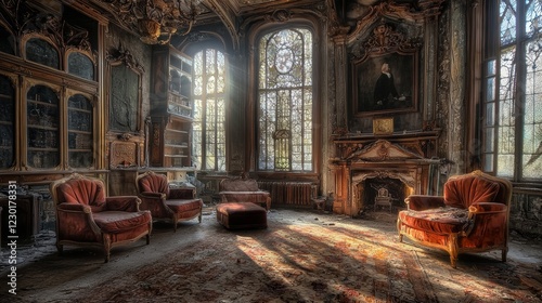 Sunbeams Illuminating a Derelict Mansion's Grand Hall