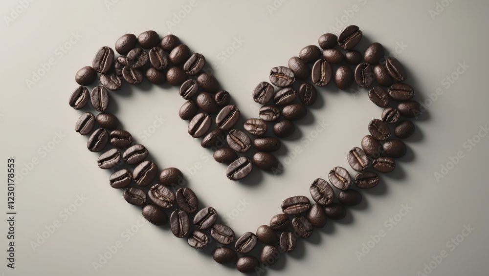 Obraz premium Coffee beans arranged in a heart shape symbolize warmth love and passion evoking a sense of connection energy and the comforting embrace of coffee's aromatic allure.