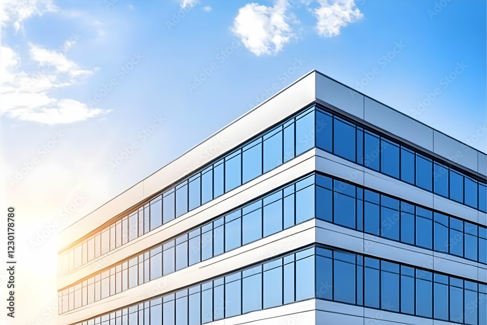 Modern office building, sunny day, blue sky, website banner Modern office building, sunny day, blue sky, website banner