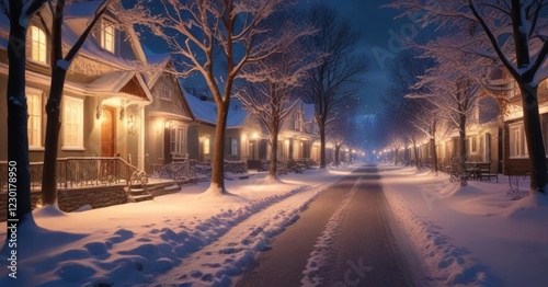 Snowy winter scene with a path lined with trees and houses lit with warm white lights , snow-covered trees, soft lighting, winter village