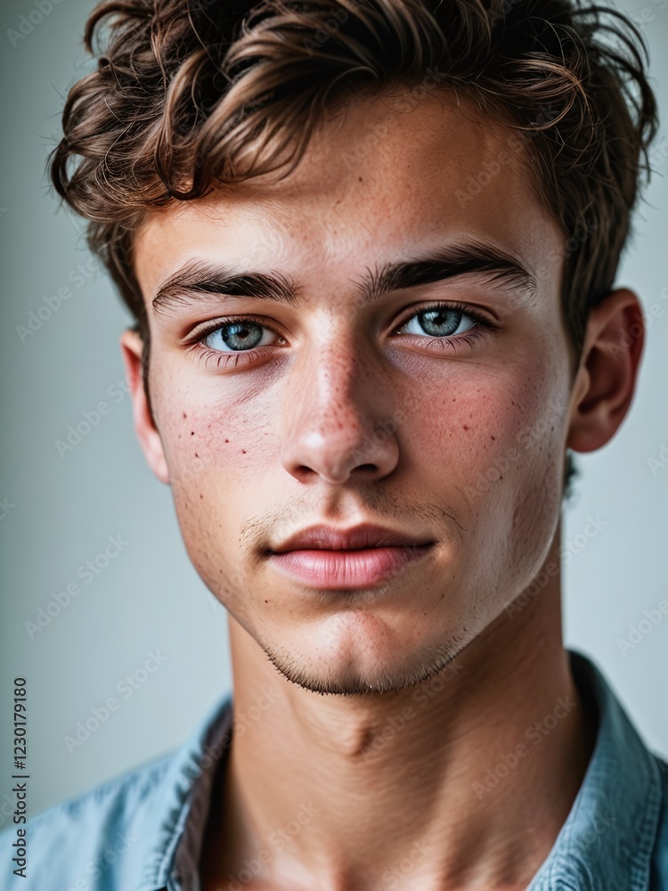 Fototapeta premium A close-up portrait of a young man with curly hair and blue eyes and looking directly at the viewer